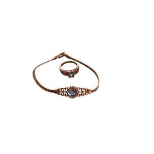 Avon Gold Tone Aquamarine Blue Gem Ring Bracelet Set Princess